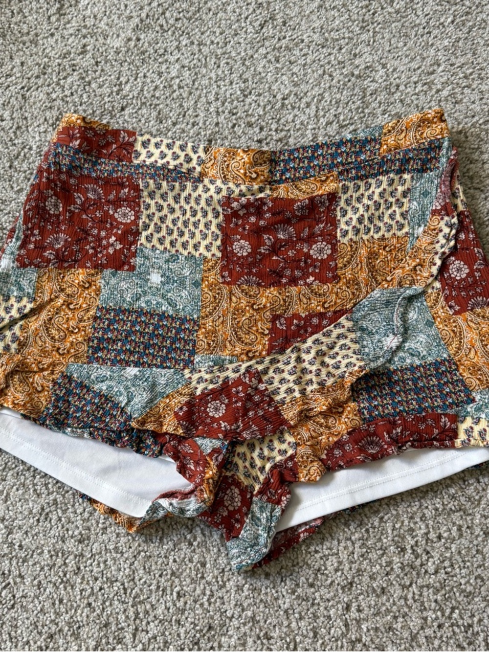 Altar'd State Patchwork Floral High-Rise Skort Shorts in Rust, Mustard & Teal